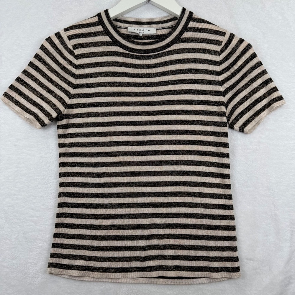 Sandro Paris Women Beige Black Metallic Striped Knit Short Sleeve Top est S